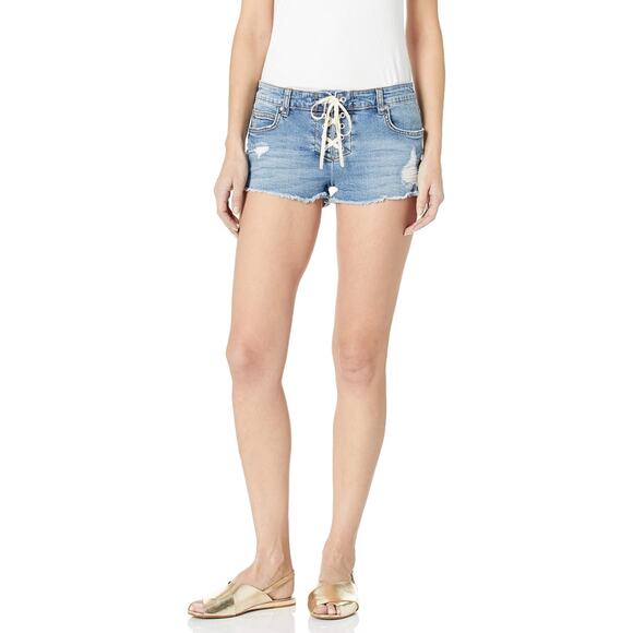 BWOT BILLABONG Shorts 26 Denim Stretch Blue Lace Up Bow Raw Hem Distress - Picture 1 of 6